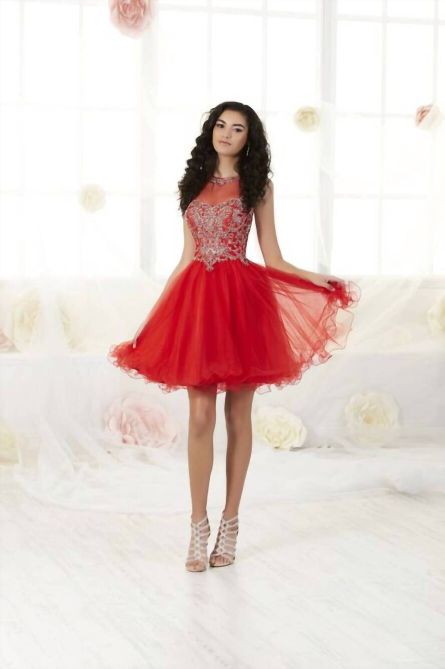 NEW HOUSE OF WU illusion neckline cocktail dress in red/gold